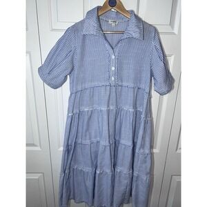 Umgee Blue Striped Tiered Babydoll Dress Women's S Short Sleeve Boho Flowy